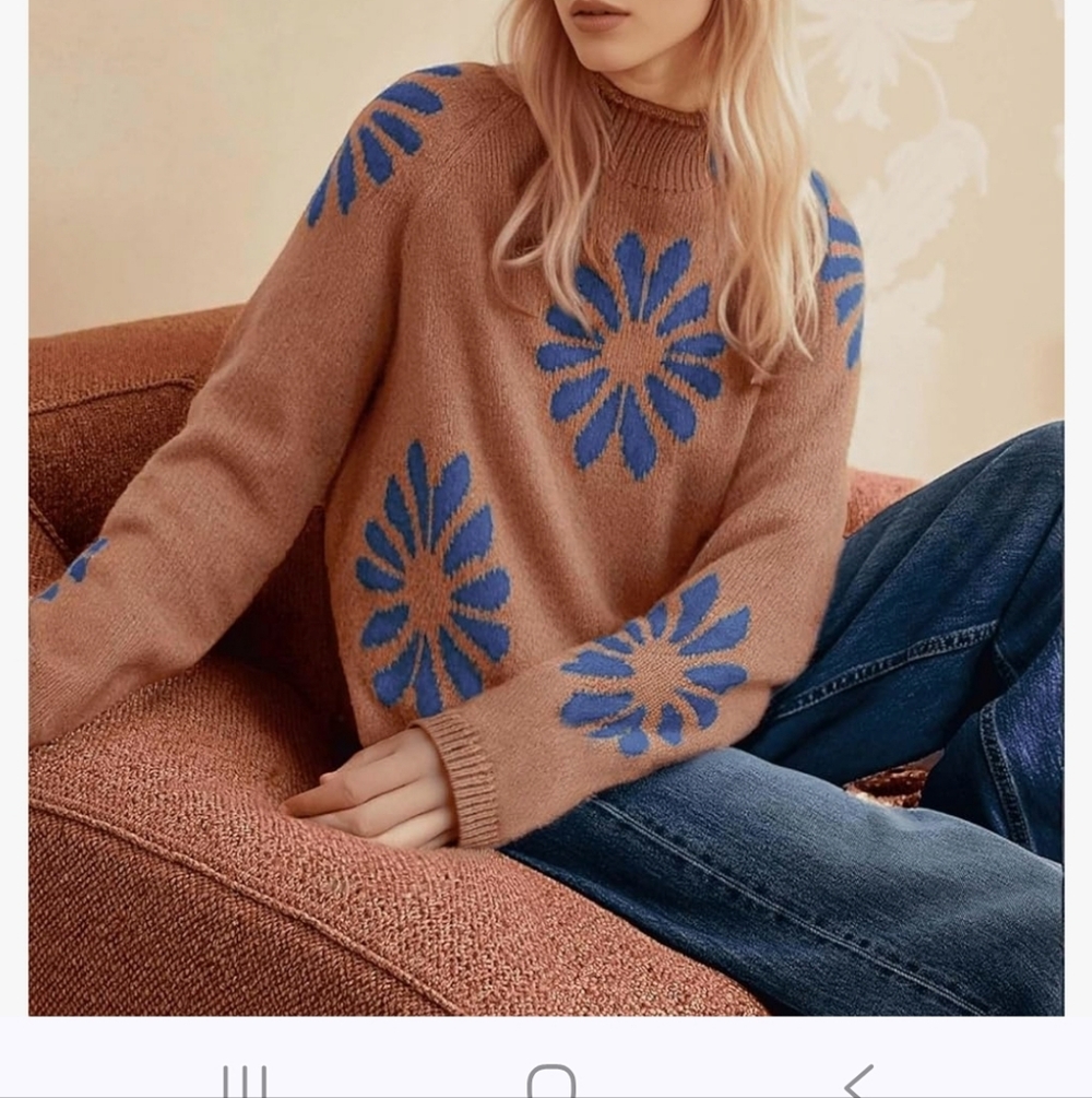 Floral Patterned Brown With Blue Flower Sweater Size XL - Picture 2 of 7